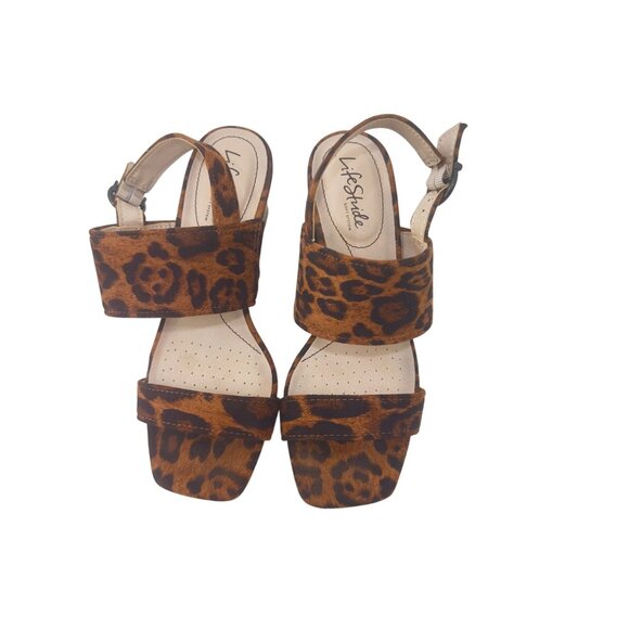 LifeStride TEDDI Women SZ 7W Leopard Print Open-Toe Block Heel Sandal Faux Suede - Picture 2 of 14